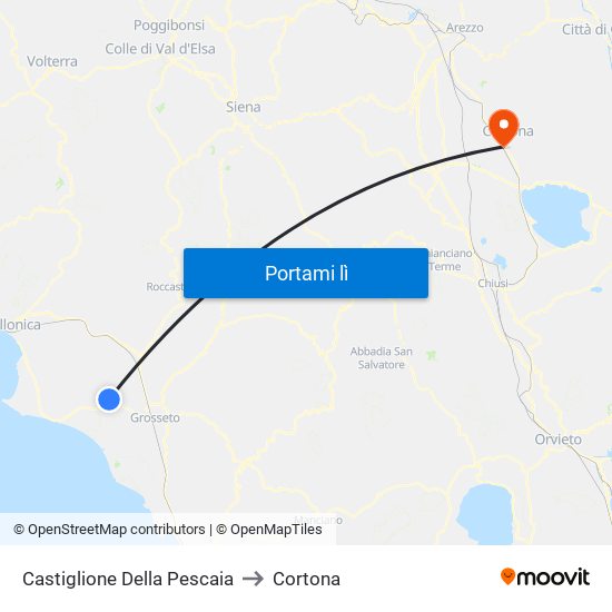 Castiglione Della Pescaia to Cortona map
