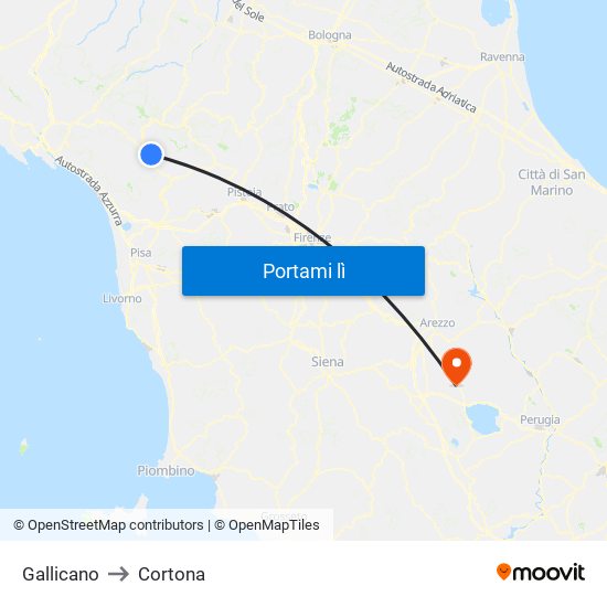 Gallicano to Cortona map