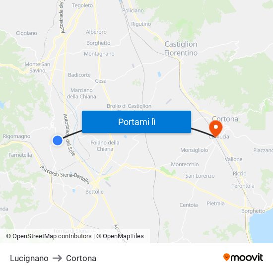 Lucignano to Cortona map