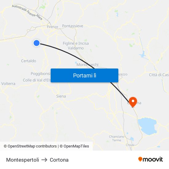 Montespertoli to Cortona map