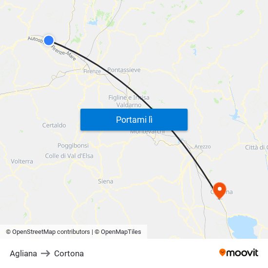 Agliana to Cortona map