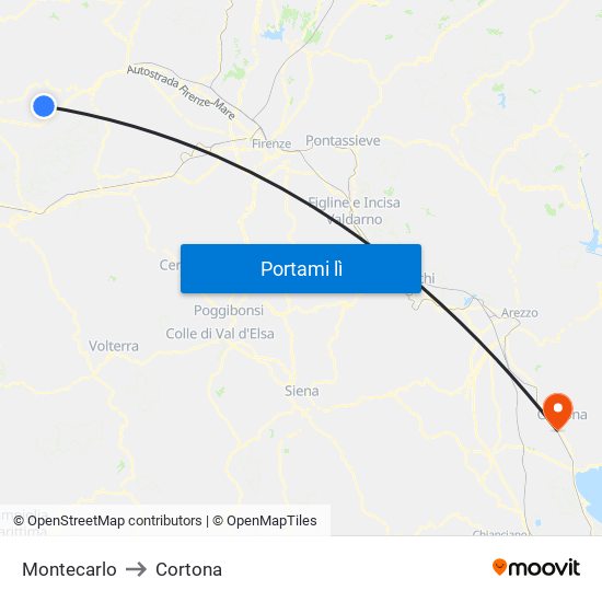 Montecarlo to Cortona map