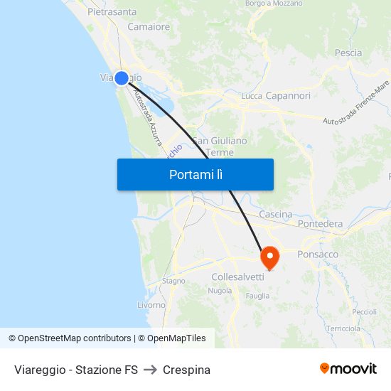 Viareggio Stazione FS to Crespina map