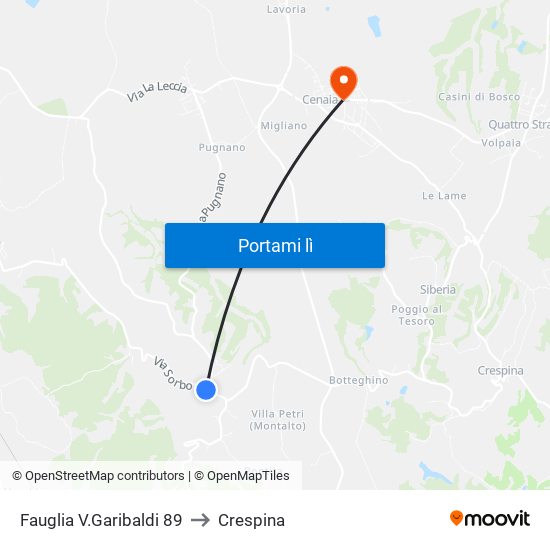 Fauglia V.Garibaldi 89 to Crespina map