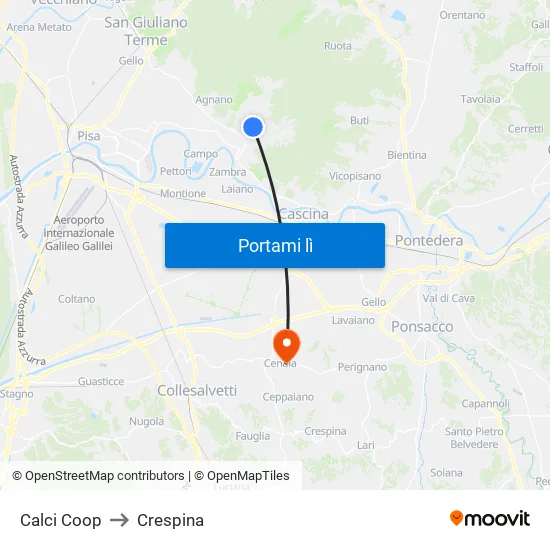 Calci Coop to Crespina map