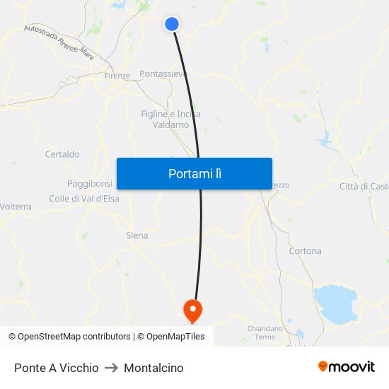 Ponte A Vicchio to Montalcino map