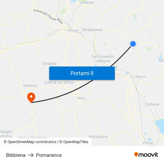 Bibbiena to Pomarance map