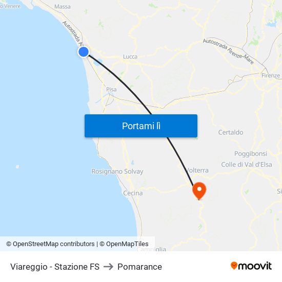 Viareggio Stazione FS to Pomarance map