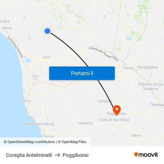 Coreglia Antelminelli to Poggibonsi map