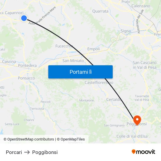 Porcari to Poggibonsi map