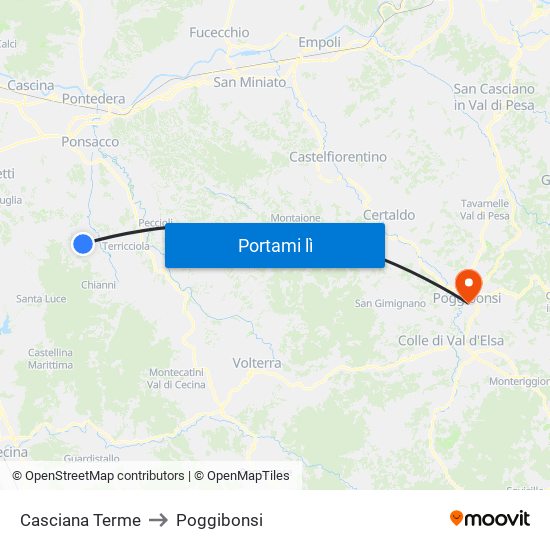 Casciana Terme to Poggibonsi map