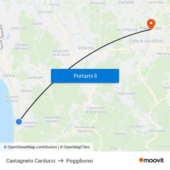 Castagneto Carducci to Poggibonsi map