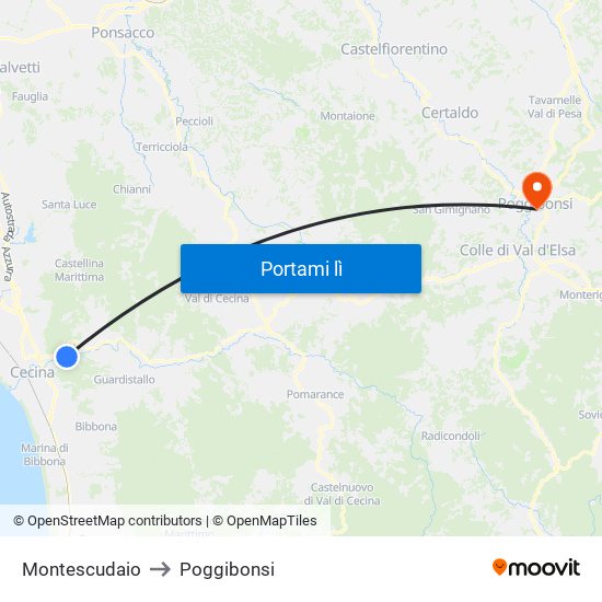 Montescudaio to Poggibonsi map