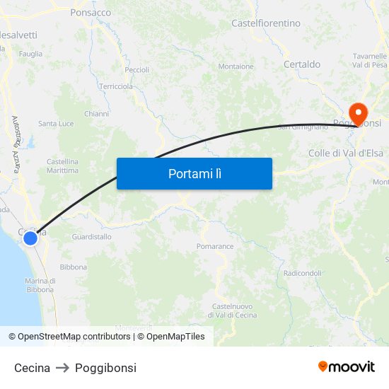 Cecina to Poggibonsi map
