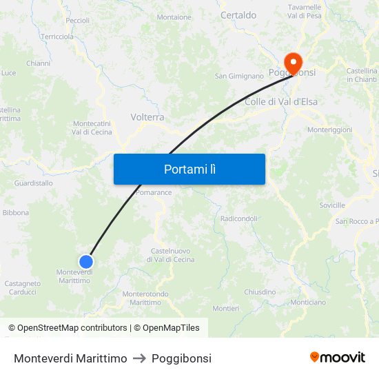 Monteverdi Marittimo to Poggibonsi map