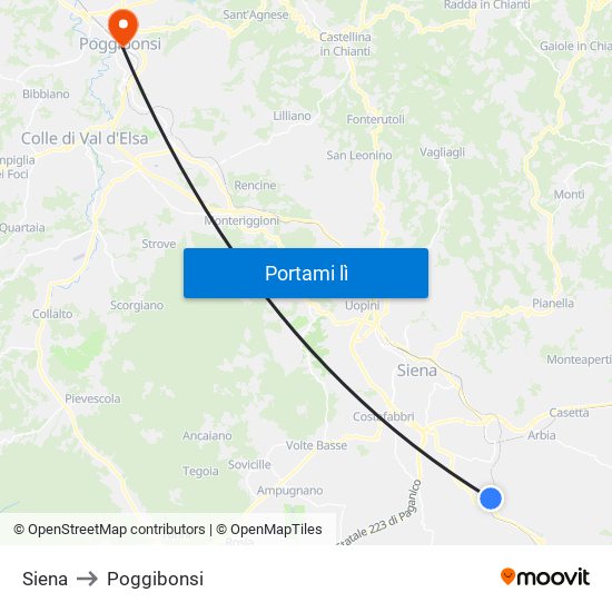 Siena to Poggibonsi map