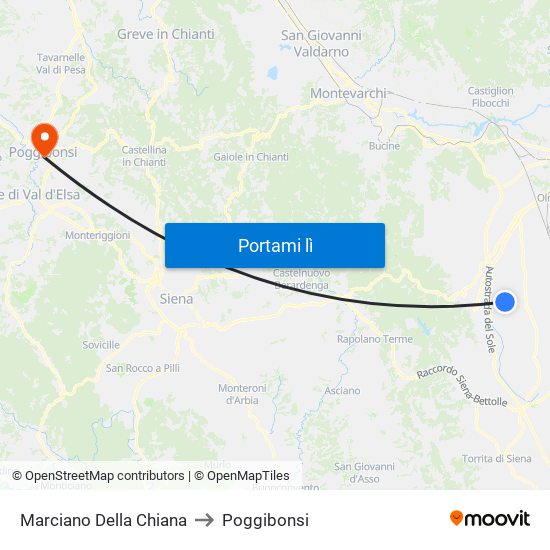 Marciano Della Chiana to Poggibonsi map