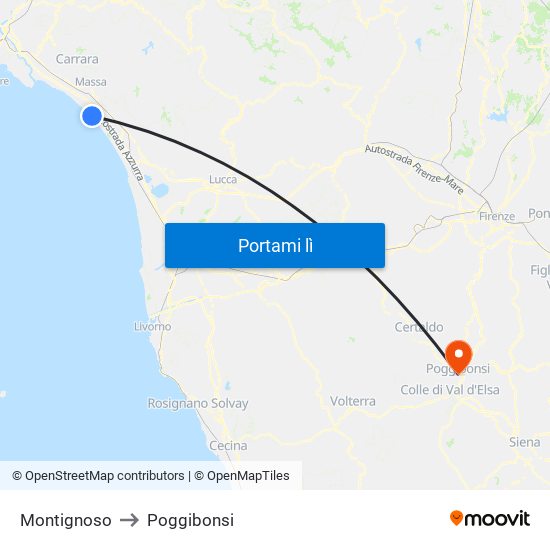 Montignoso to Poggibonsi map