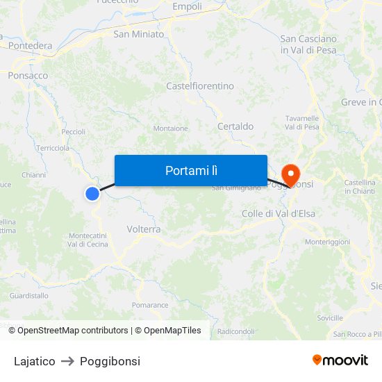 Lajatico to Poggibonsi map