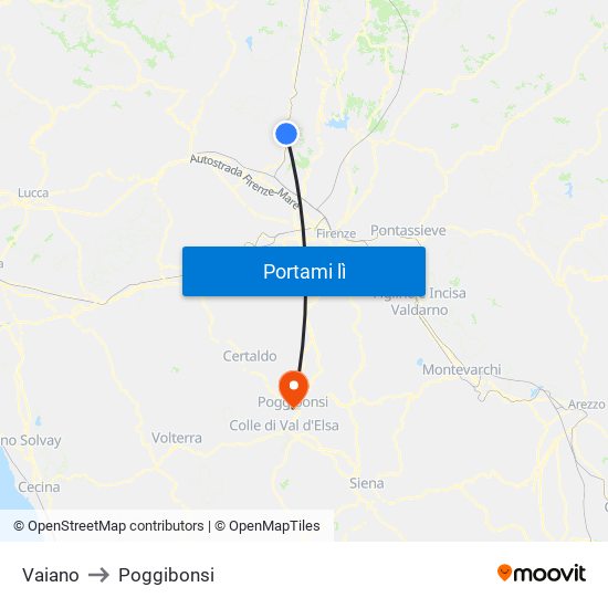 Vaiano to Poggibonsi map