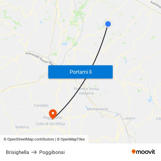 Brisighella to Poggibonsi map