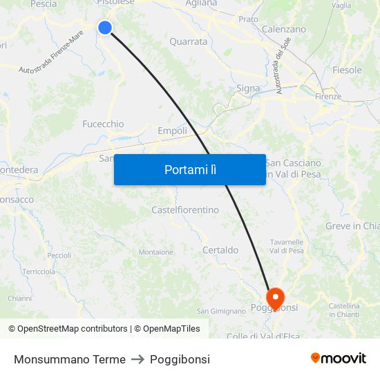 Monsummano Terme to Poggibonsi map