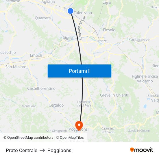 Prato Centrale to Poggibonsi map