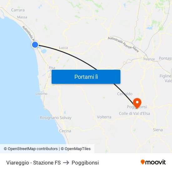 Viareggio Stazione FS to Poggibonsi map