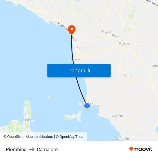 Piombino to Camaiore map