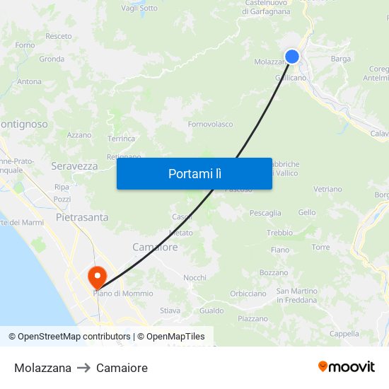 Molazzana to Camaiore map