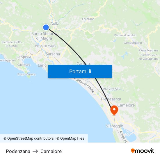 Podenzana to Camaiore map