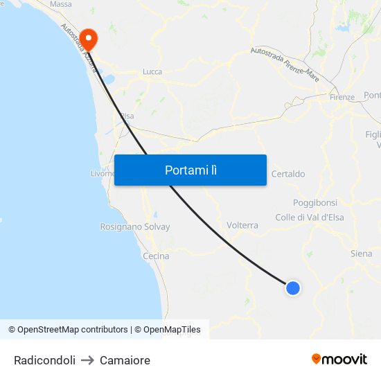 Radicondoli to Camaiore map