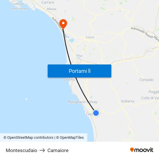 Montescudaio to Camaiore map