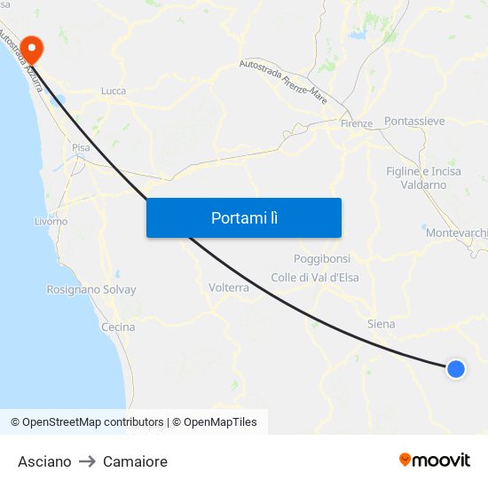 Asciano to Camaiore map