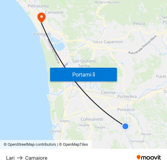 Lari to Camaiore map