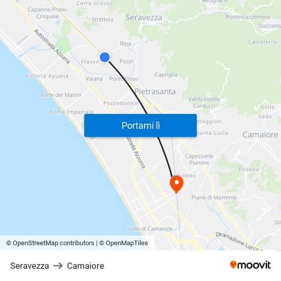 Seravezza to Camaiore map