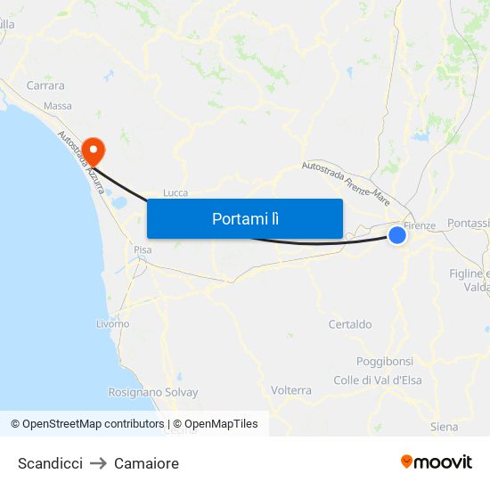 Scandicci to Camaiore map