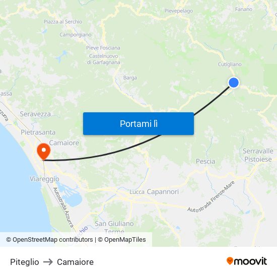 Piteglio to Camaiore map