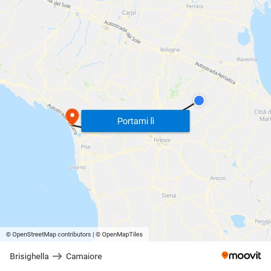 Brisighella to Camaiore map