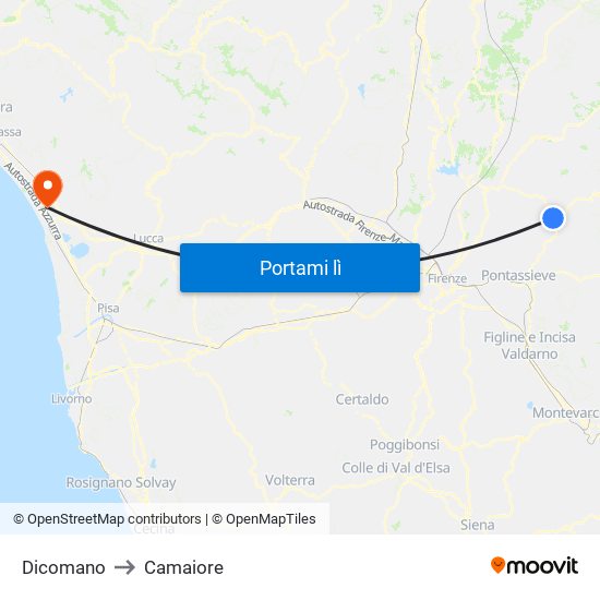 Dicomano to Camaiore map