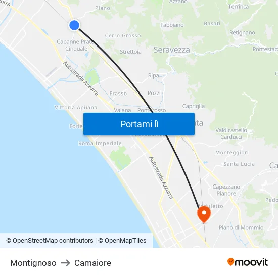 Montignoso to Camaiore map