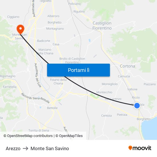 Arezzo to Monte San Savino map