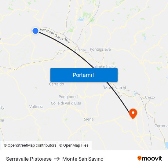 Serravalle Pistoiese to Monte San Savino map