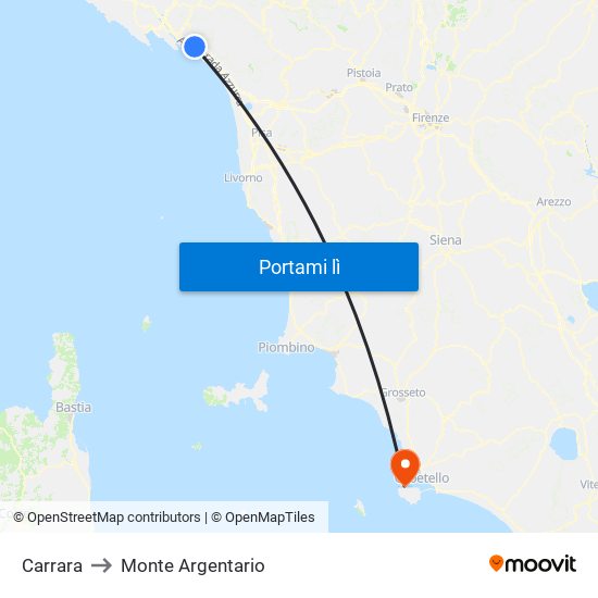 Carrara to Monte Argentario map