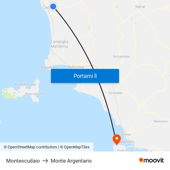 Montescudaio to Monte Argentario map