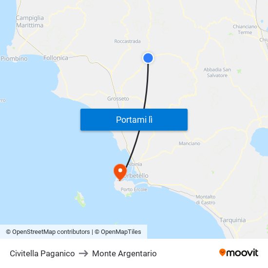 Civitella Paganico to Monte Argentario map