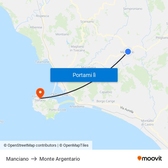 Manciano to Monte Argentario map