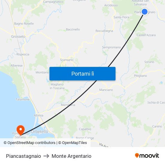 Piancastagnaio to Monte Argentario map