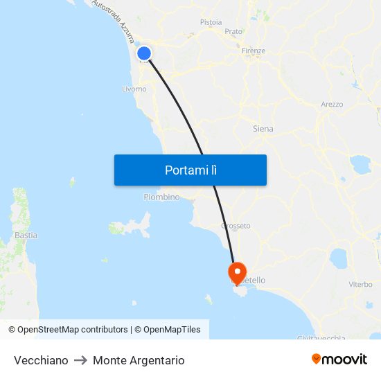 Vecchiano to Monte Argentario map