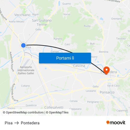 Pisa to Pontedera map